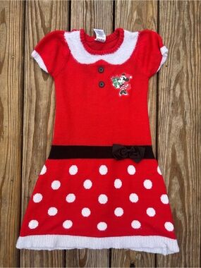 Girls 7/8 Medium Disney Minnie Mouse Polka Dot Sweater Dress HOLIDAY